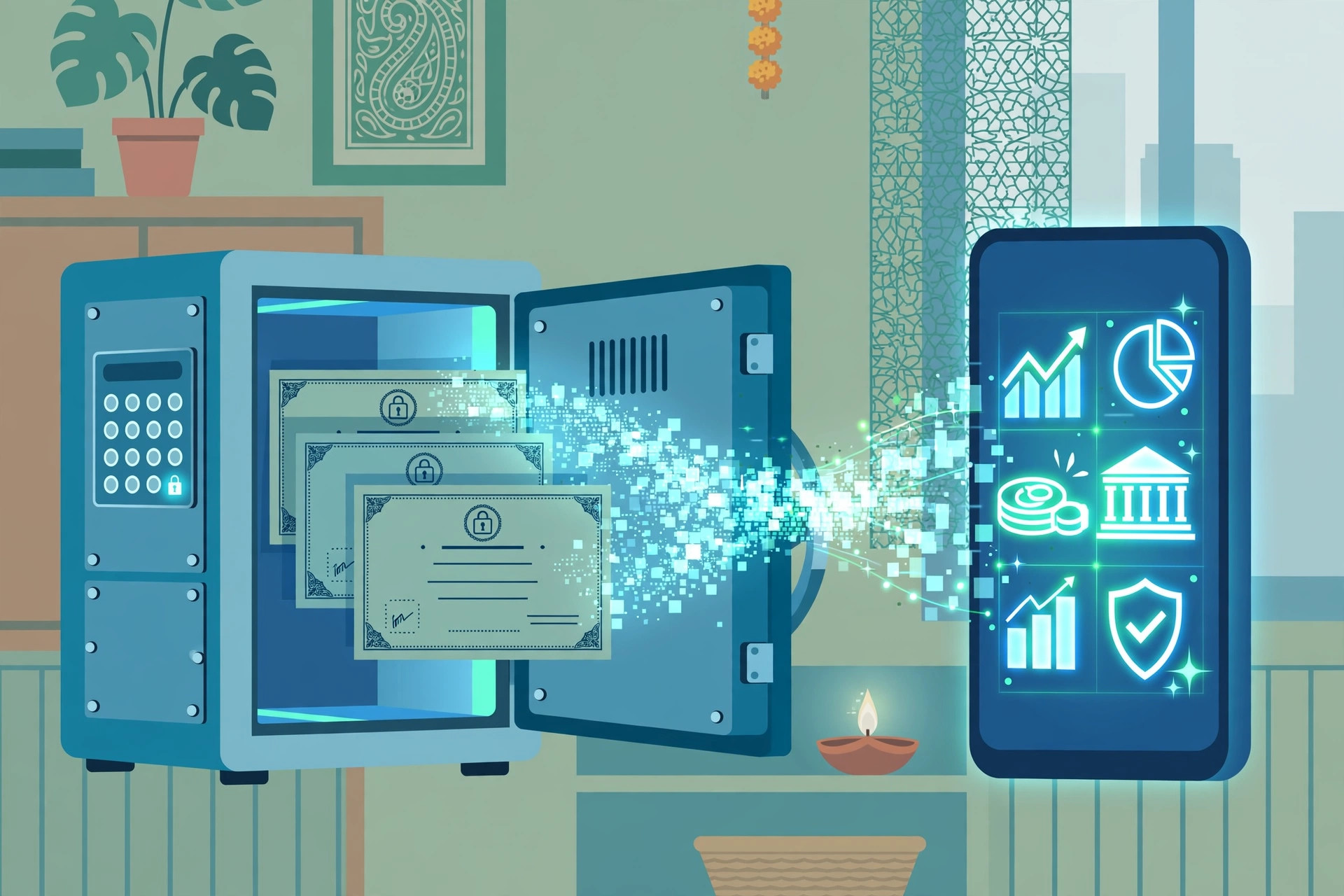 Demat account concept: digital vault me electronic shares