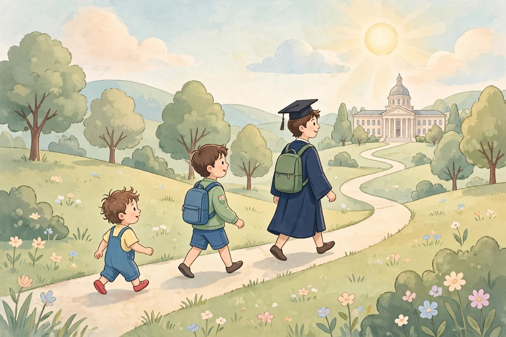 Bachche ke bade hone ke saath education journey ka illustration