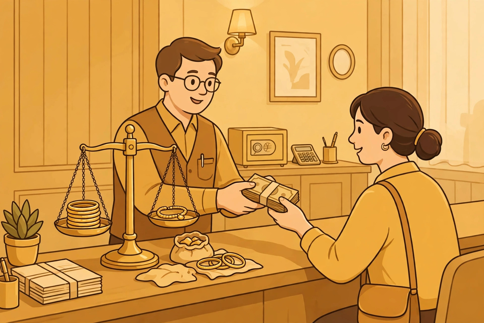 Gold loan ke liye sona tolne aur girvi rakhne ka illustration