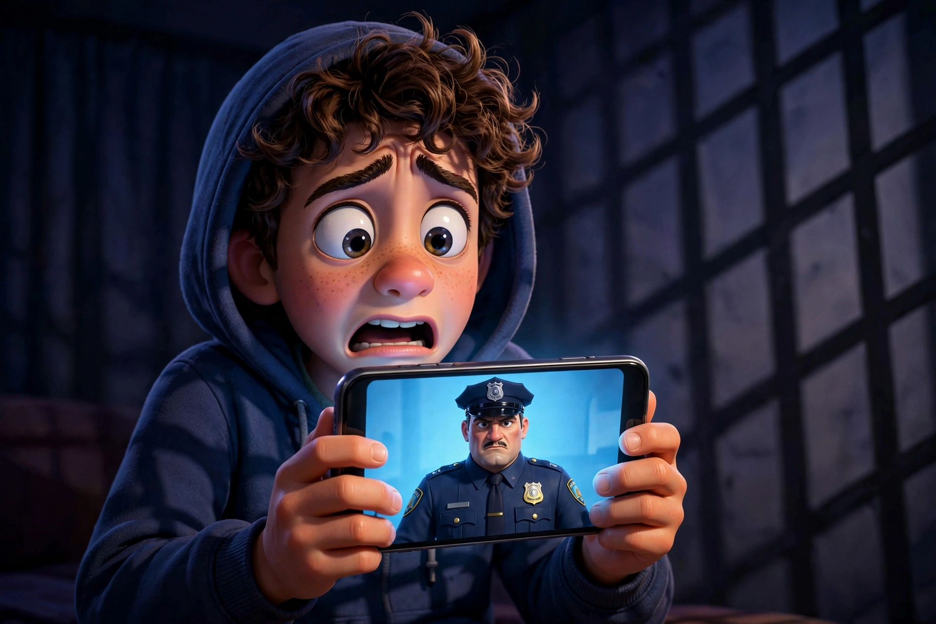 Digital arrest scam illustration: fake CBI officer on a video call threatening arrest