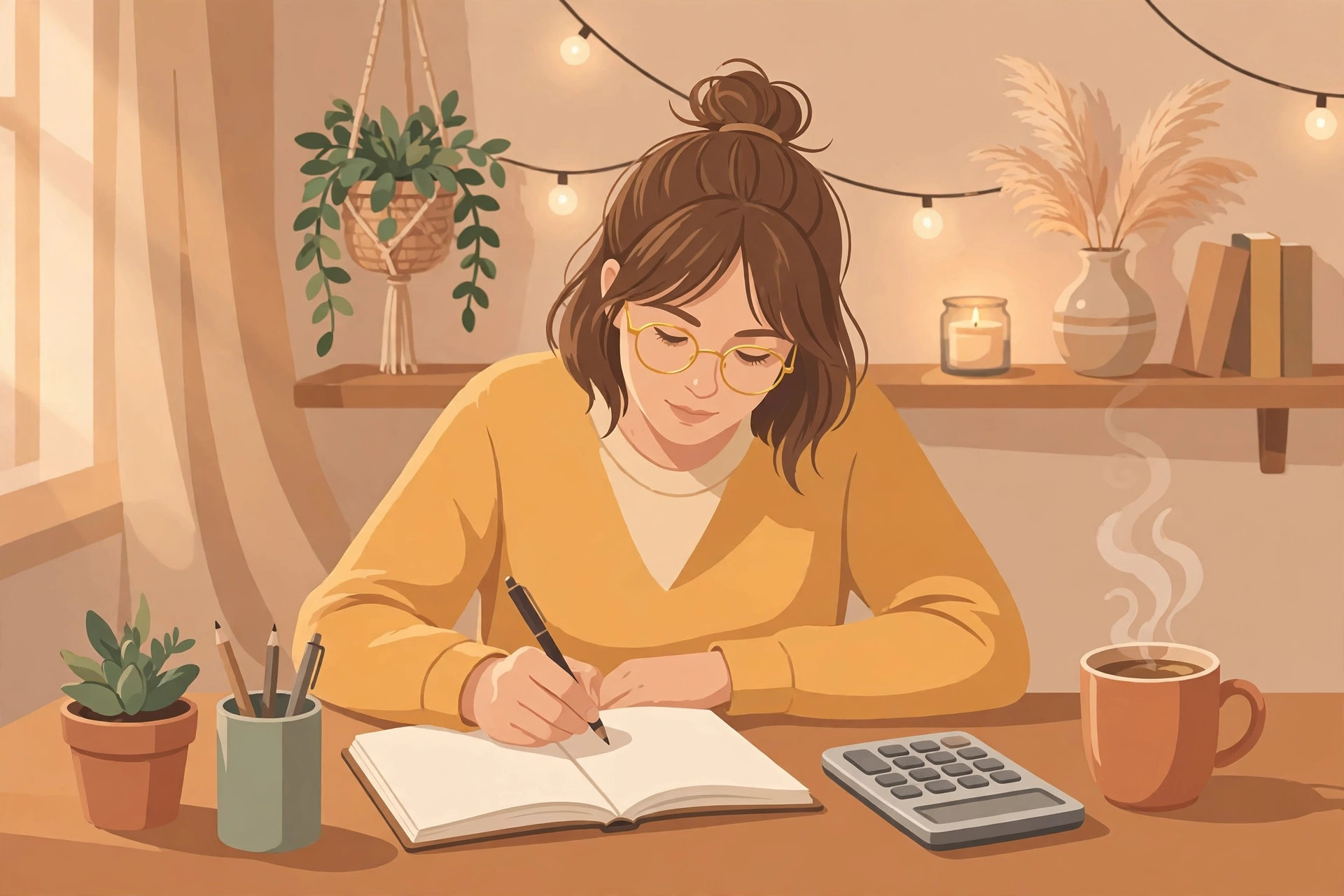 Monthly budget planning at home desk with notebook and calculator