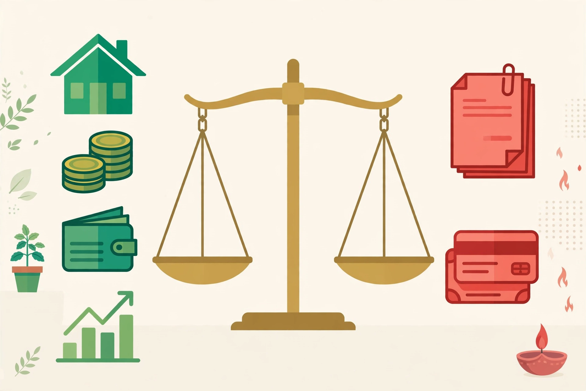 Assets vs liabilities: balance scale with house, gold coins and passbook on one side, loan papers and credit card bills on the other