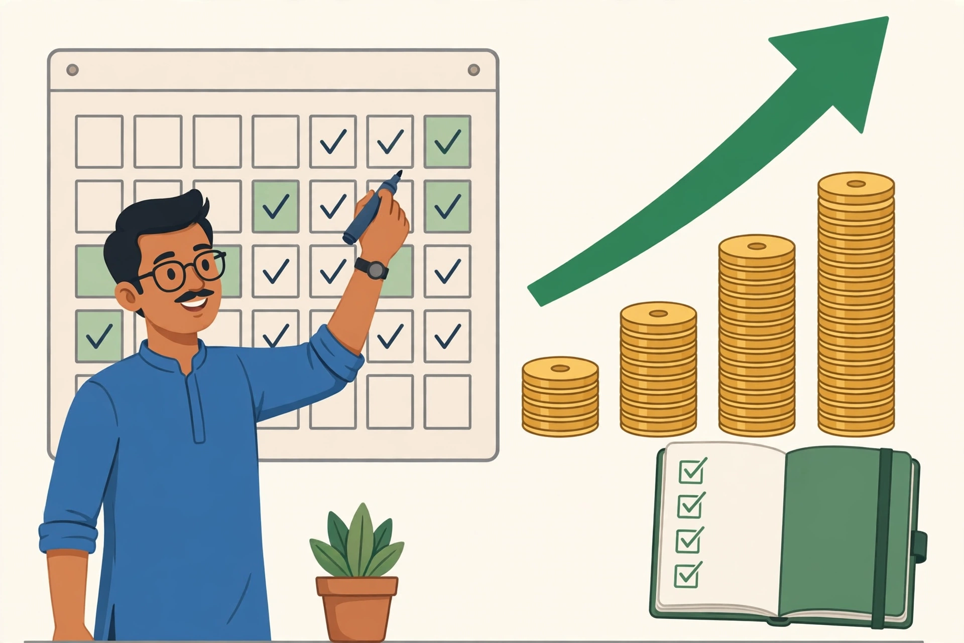 Net worth har saal track karna: calendar par yearly progress aur badhte hue coin stacks