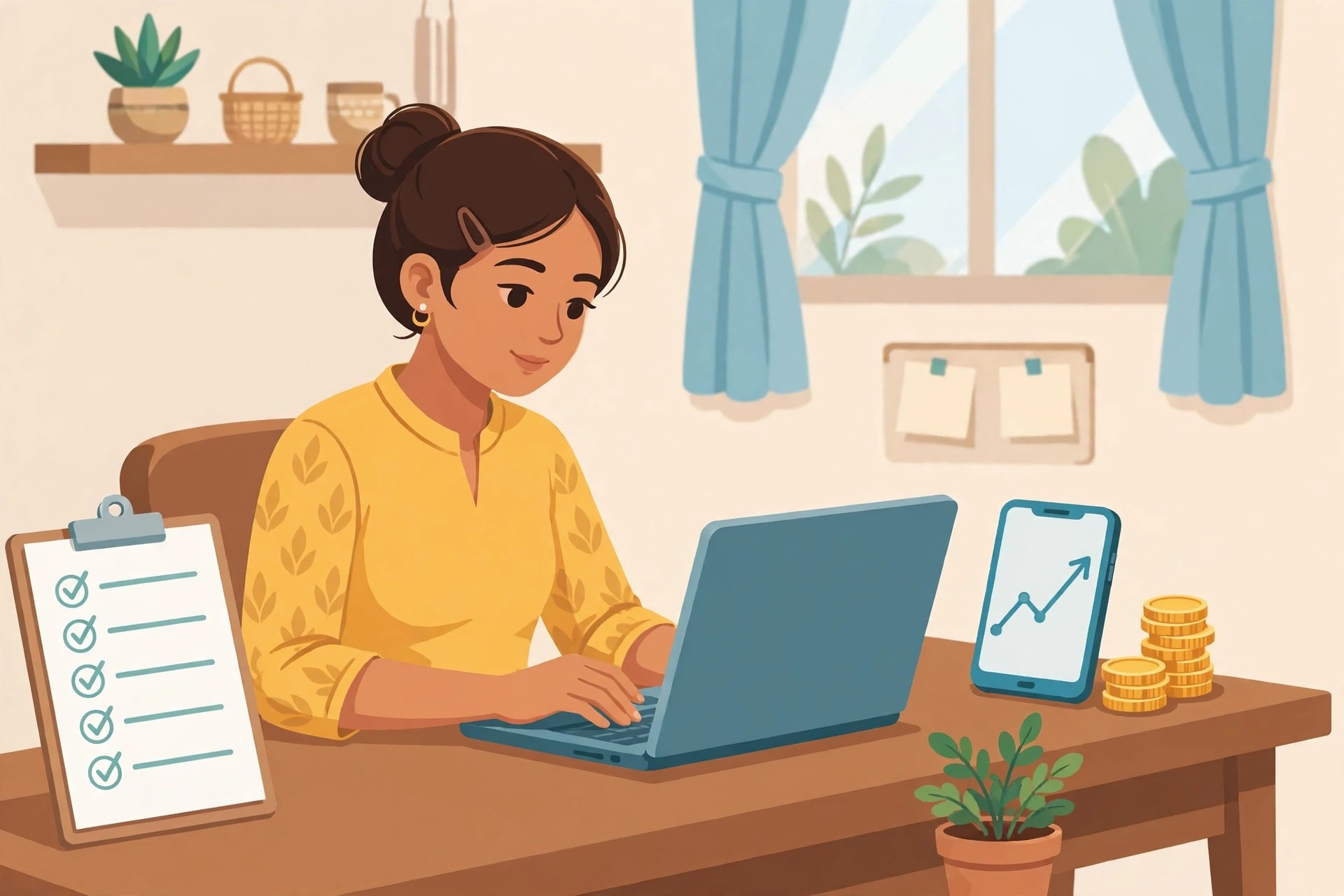 SIP shuru karne ke steps laptop par invest karti mahila