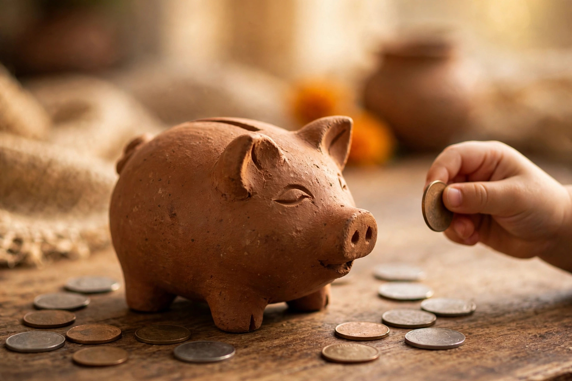 Sukanya Samriddhi Yojana mein niyamit deposit ke liye gulak mein coin daalte haath