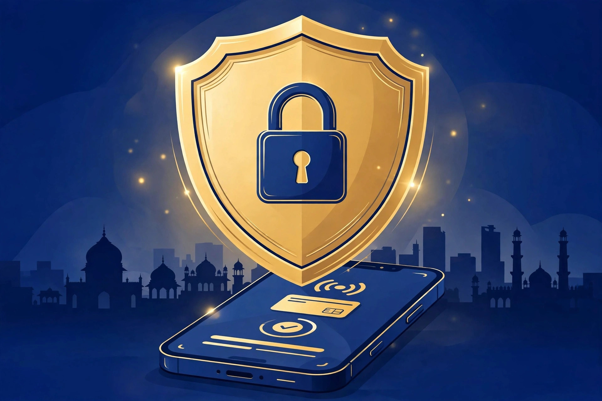 Shield aur lock ke saath digital payment safety